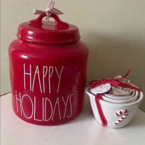 Red Holiday Cookie Jar/canister  and Measuring Cups Set